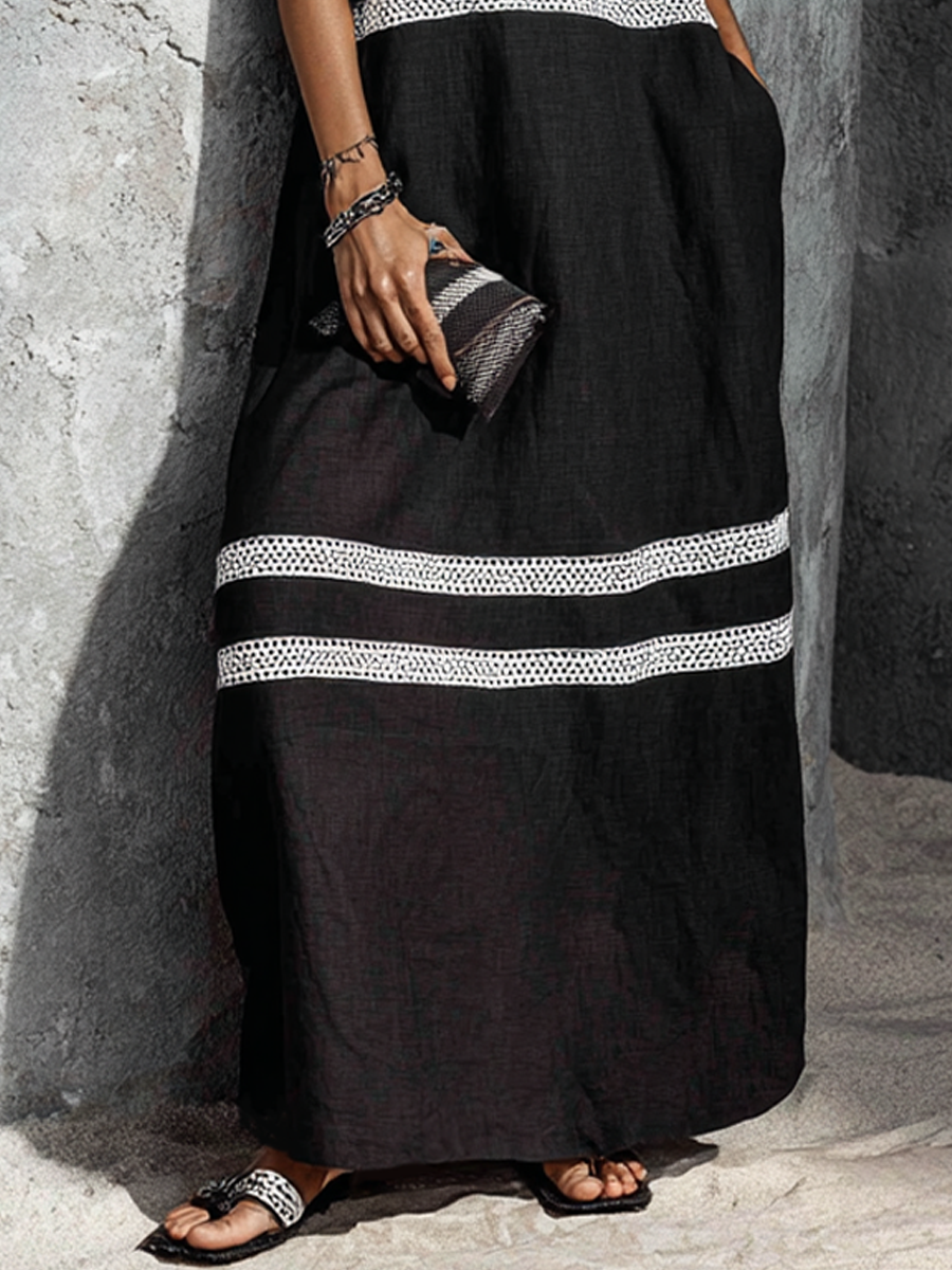 Women's Minimalist Black Cotton Linen And White Lace Sleeveless Long Dress MDZ2461F4GMJ