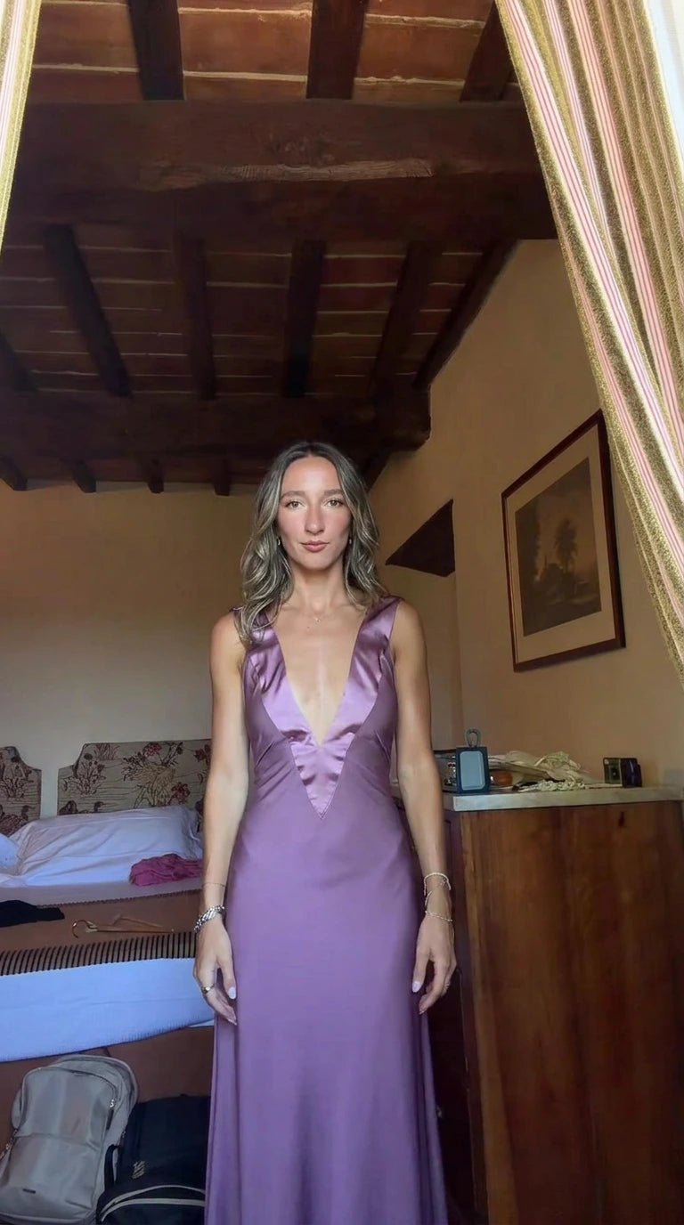 Front view of model wearing mauve deep V-neck satin maxi dress