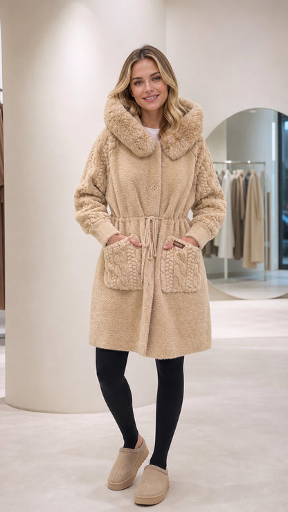 Front full-length view of woman wearing beige hooded plush fleece coat with knit details