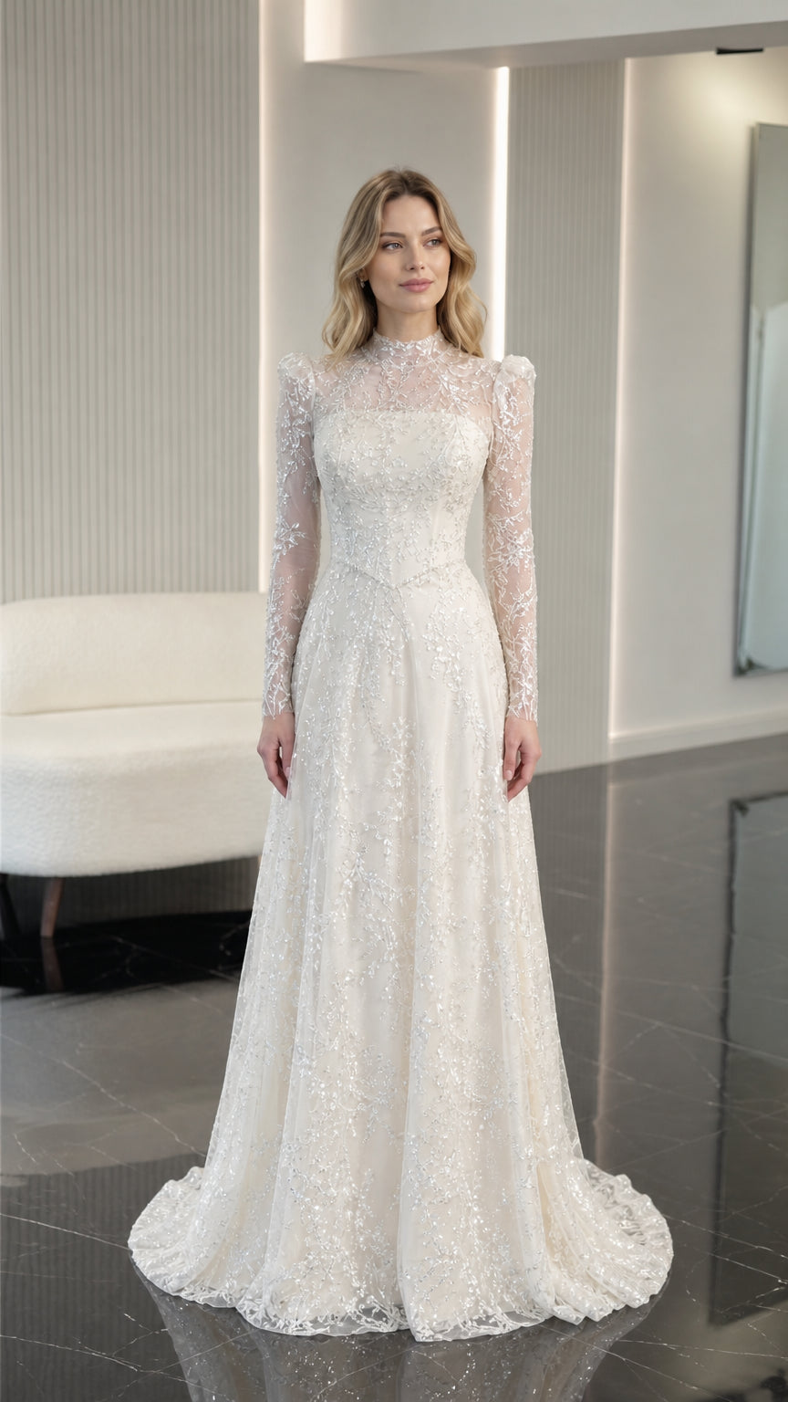Ivory long sleeve embroidered evening gown with high neckline front view