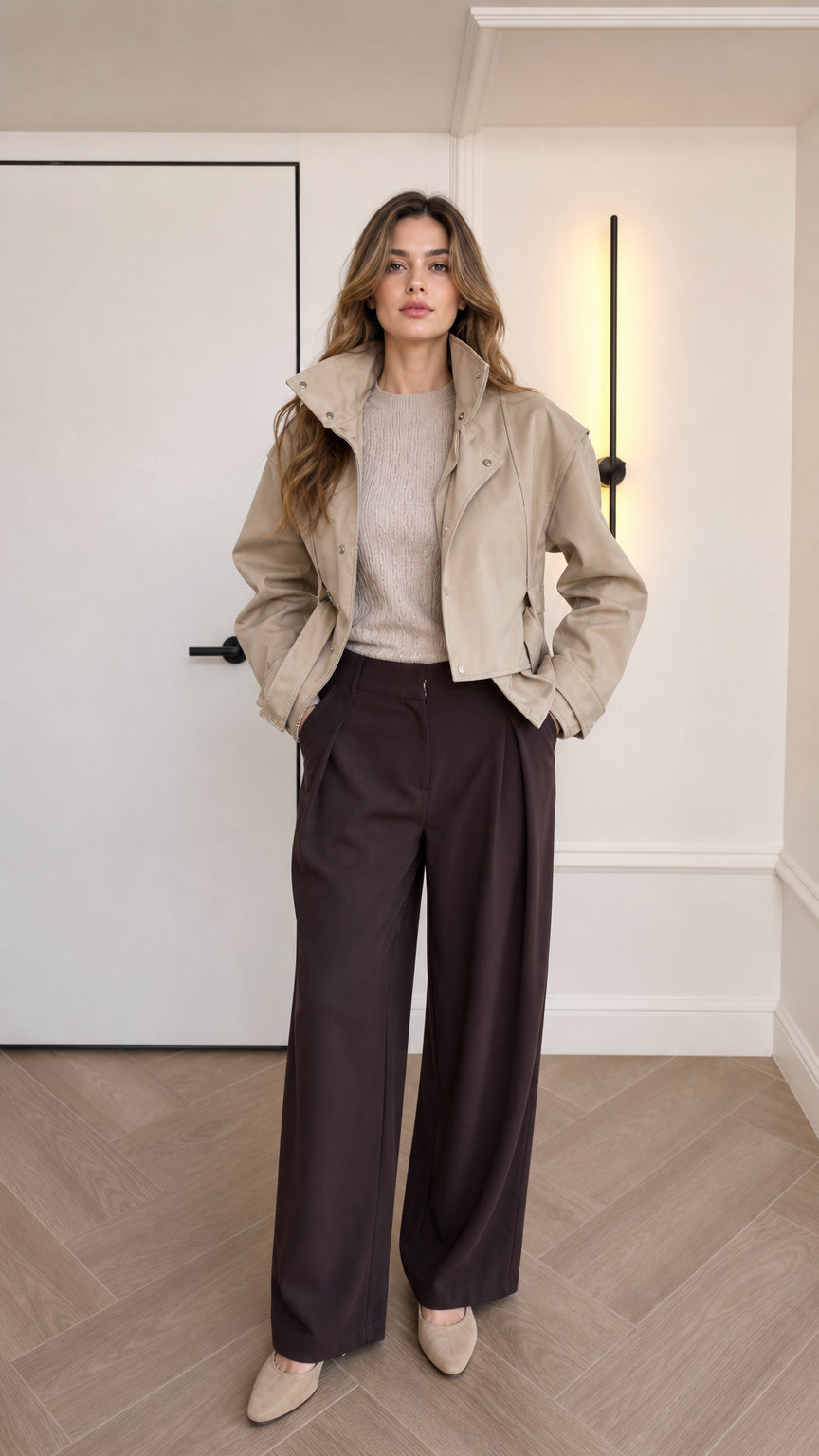 Front full-body view of model wearing beige cropped faux leather jacket and wide-leg trousers