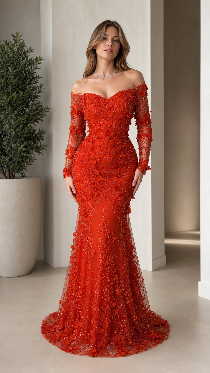 Front view of woman wearing red off-the-shoulder 3D floral beaded mermaid gown