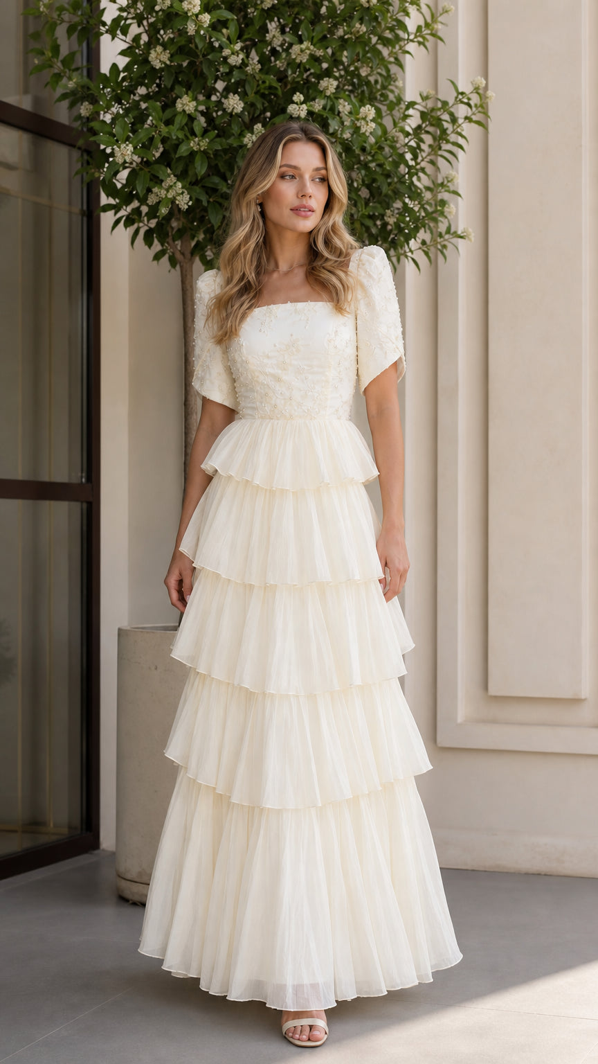 Ivory floral embroidered square neck tiered tulle maxi dress front view