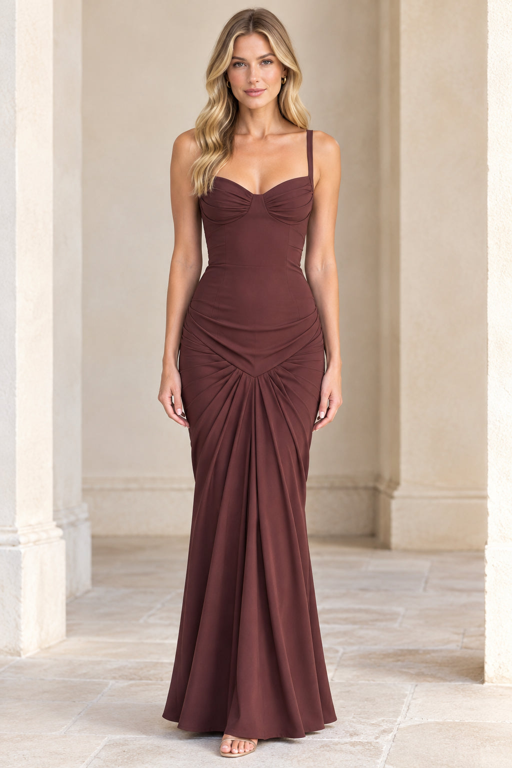 Front view of model wearing Chocolate Brown sweetheart ruched mermaid maxi dress