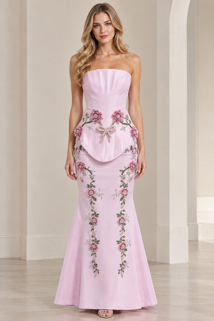 Front view of model wearing Light Pink strapless floral embroidered mermaid evening gown