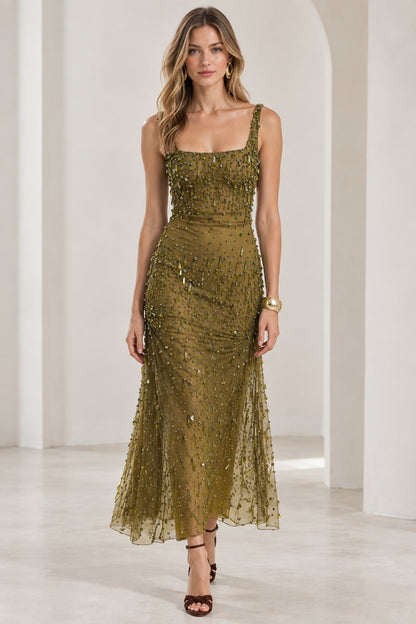 Front view of model wearing olive green beaded square neck maxi dress