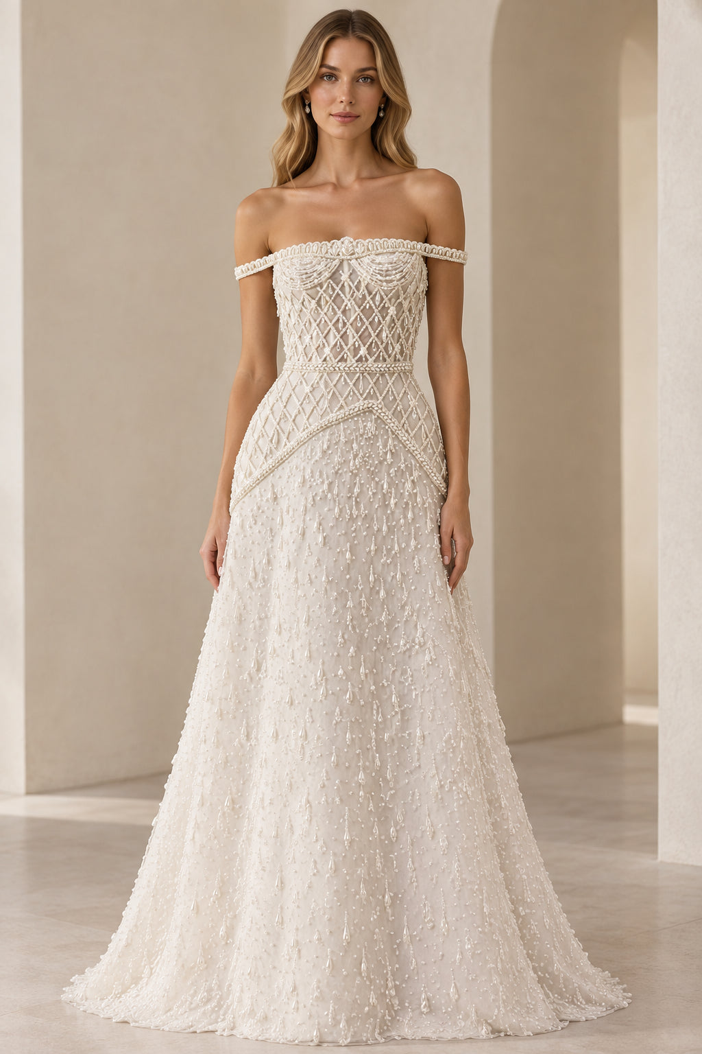 Front view of model wearing full-length ivory off-shoulder pearl lattice beaded evening gown