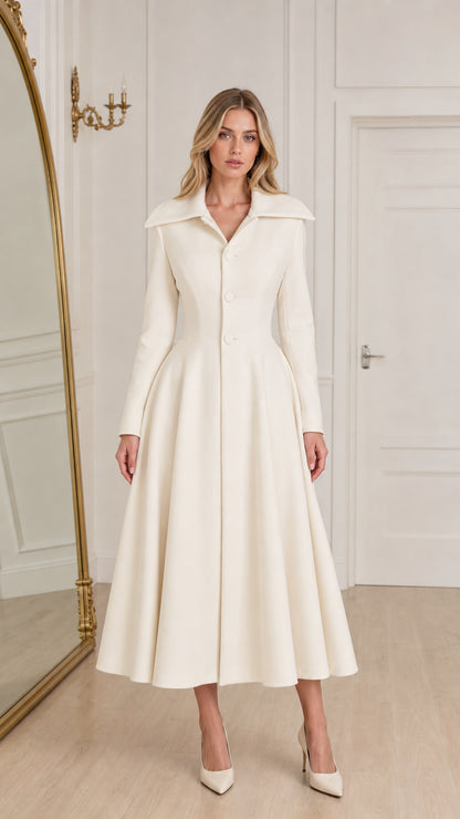 Model wearing ivory white vintage fit and flare midi coat dress front view