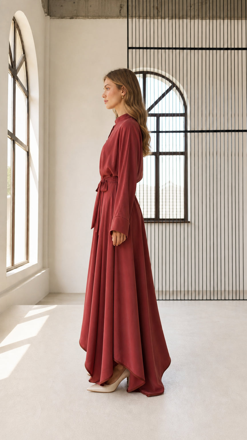 Side profile view of rust red belted maxi dress showing flowing draped skirt silhouette