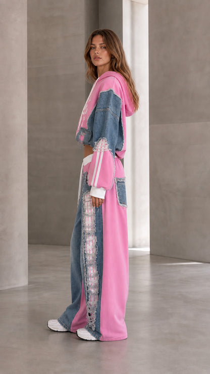 Side profile of pink denim patchwork cropped hoodie and pants set