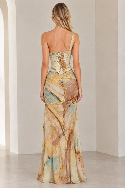 Back view of woman showing the lace-up back detail on the Champagne Multi maxi dress