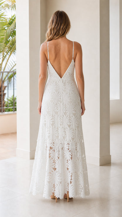 Back view of white lace maxi dress showing deep V-back detail