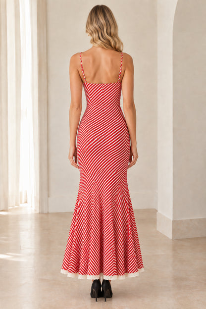 Back view of sleeveless red striped mermaid maxi dress