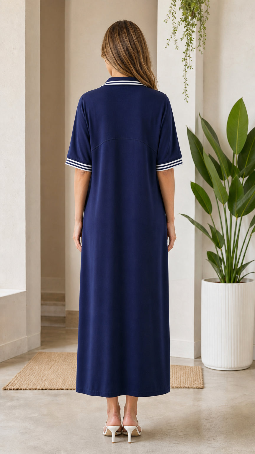 Back view of women's navy blue short sleeve polo maxi dress