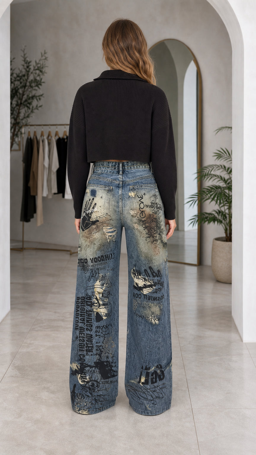 Back view of woman wearing distressed graphic wide-leg jeans showing back pockets