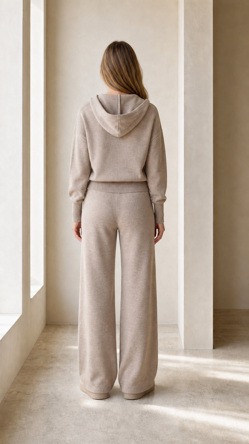 Back view of the taupe women's hoodie and full-length pants set
