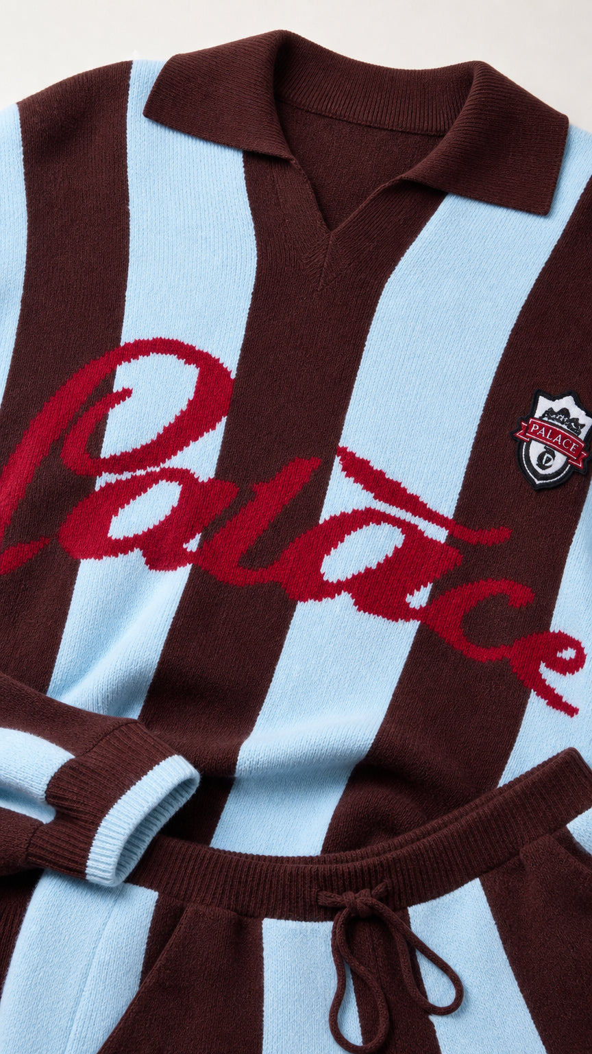 Close-up detail of polo knit neckline, script embroidery, and drawstring waistband