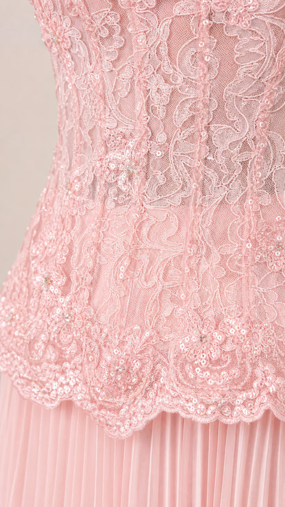 Close-up detail of Blush Pink floral embroidered lace bodice with delicate sequin embellishments