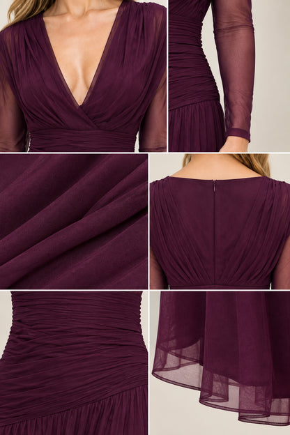 Detailed close-up of plunging V-neckline, sheer sleeve, ruched fabric, and hemline