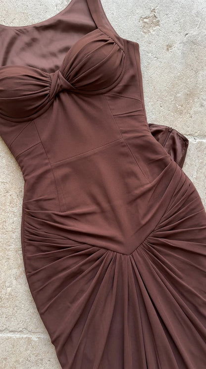 Close-up detail of bodice and pleated waist on Chocolate Brown evening dress