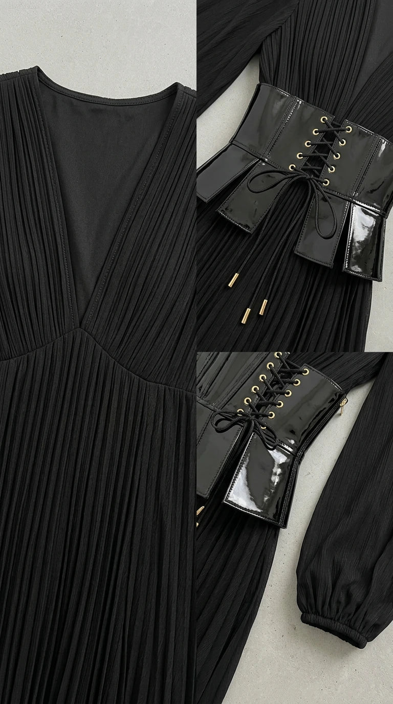 Detailed close-up of pleated bodice and lace-up corset belt