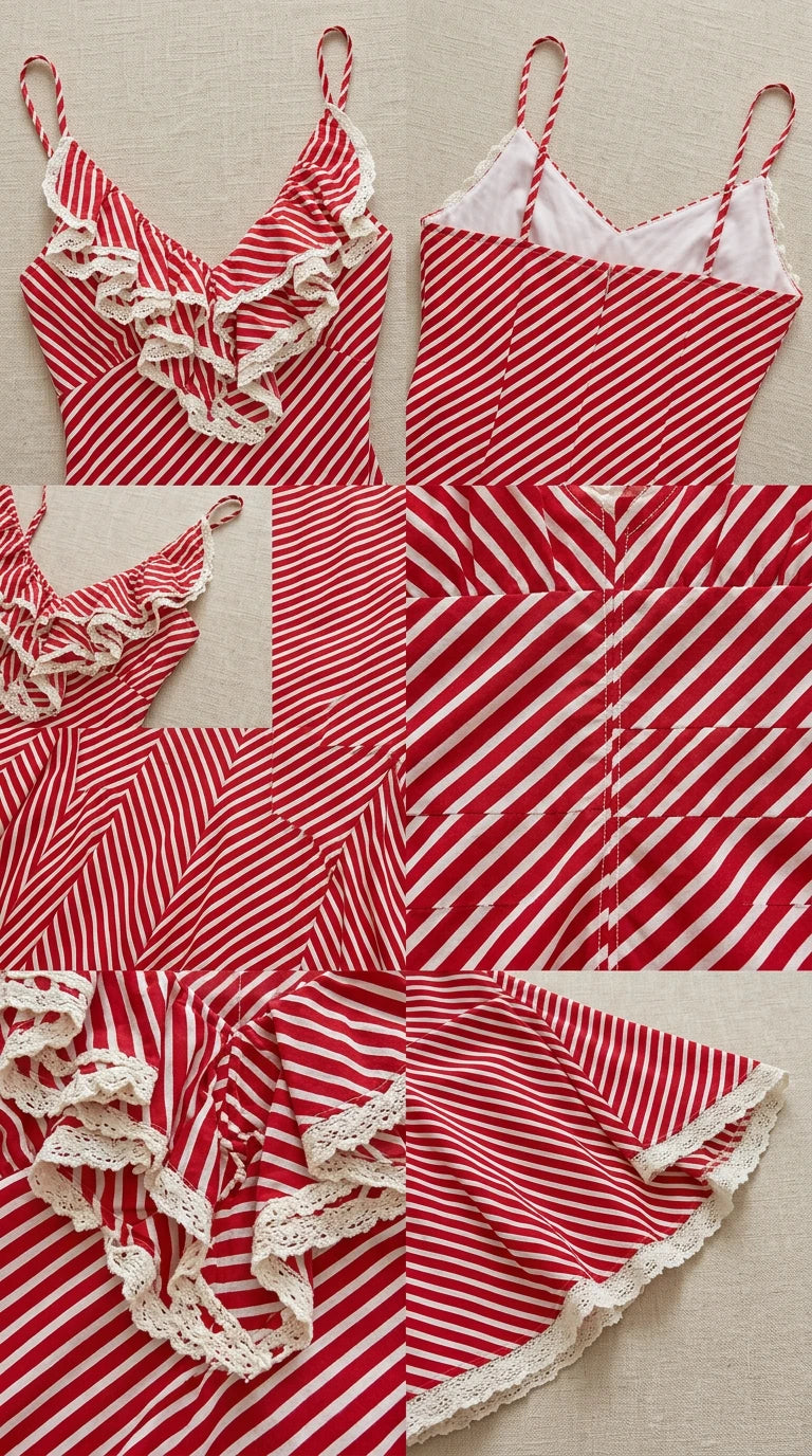 Close-up details of lace ruffle neckline, striped fabric, and lace hem