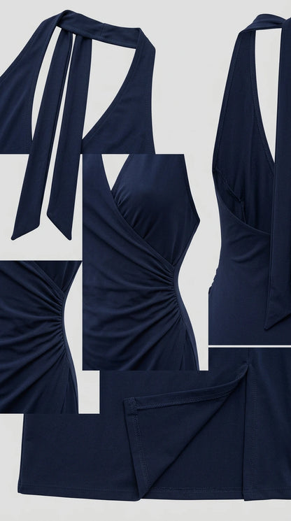 Close-up details of navy blue halter dress showing tie straps, ruching, and hem