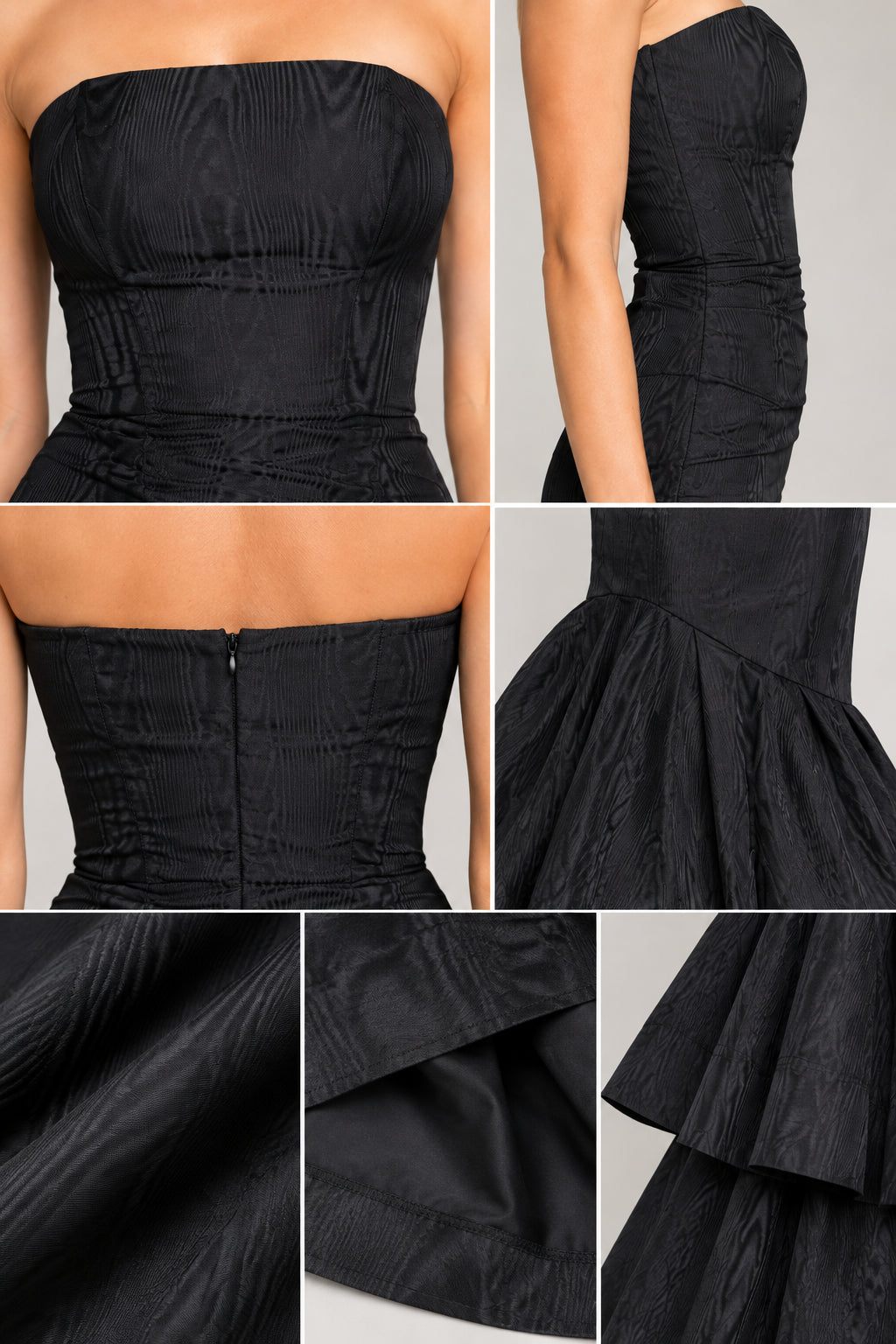 Close-up details of structured bodice, fabric texture, and tiered skirt construction