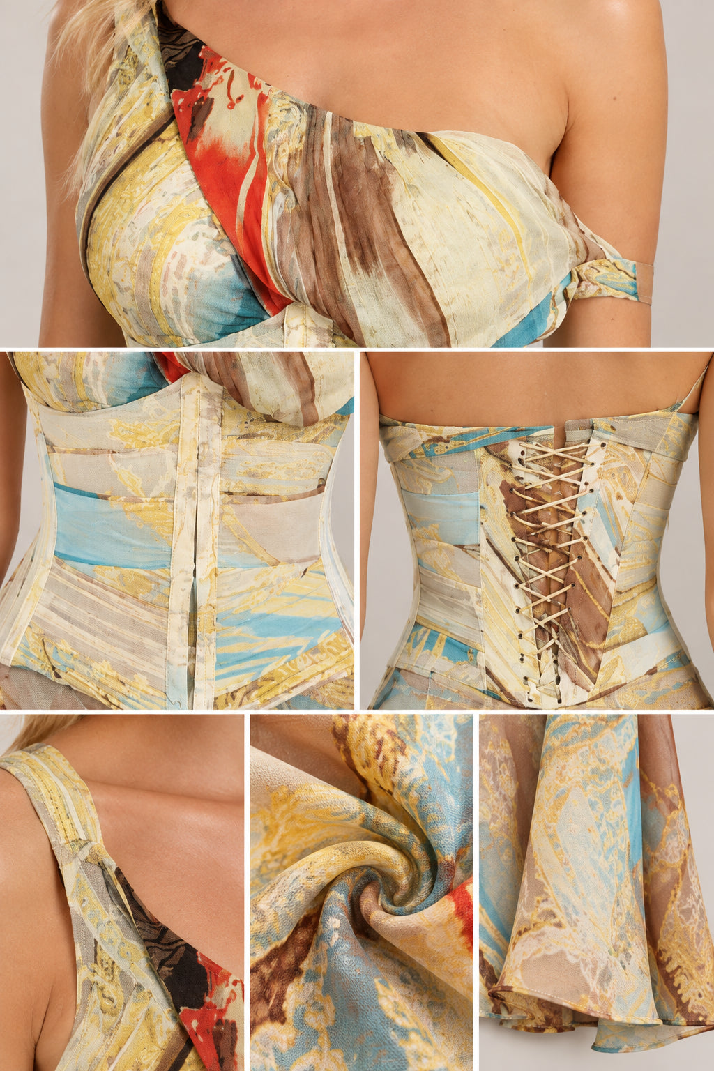 Detailed collage showing neckline drape, corset boning, lace-up back, and flowing fabric texture