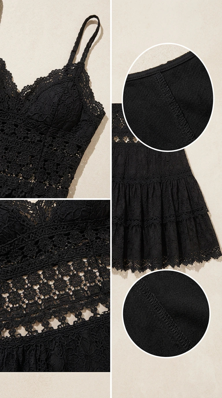 Detailed close-up of lace fabric, crochet cutout waist, and seam construction