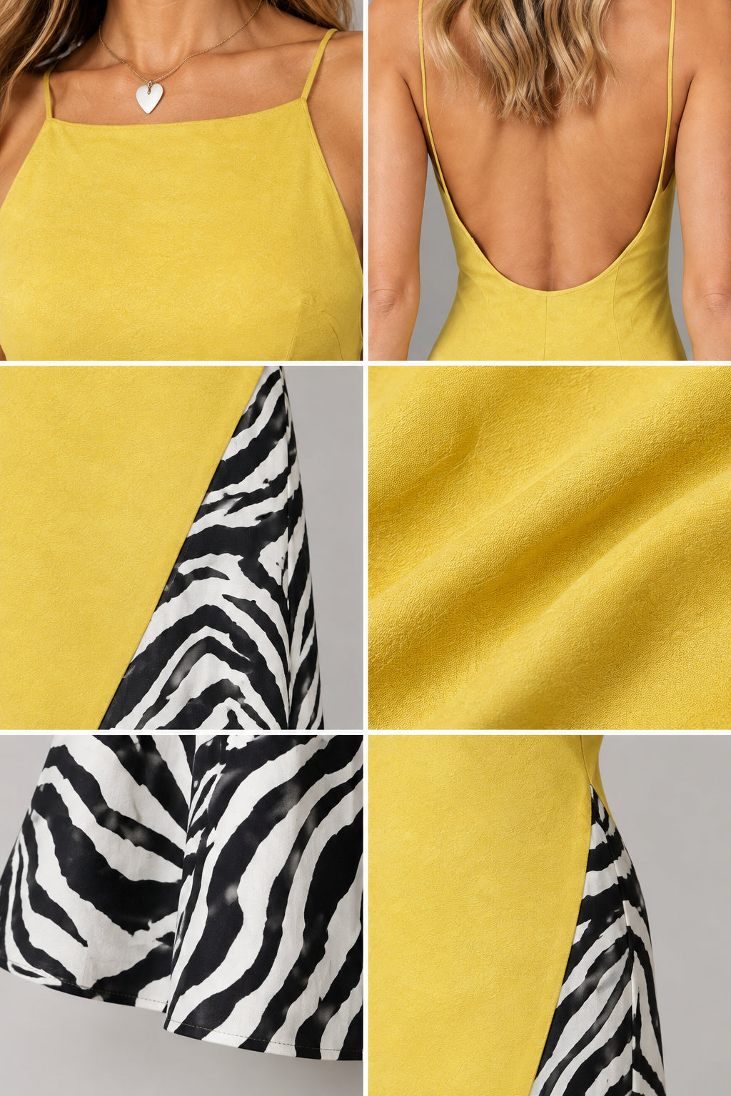 Detailed close-up collage of neckline, open back scoop, and zebra fabric texture