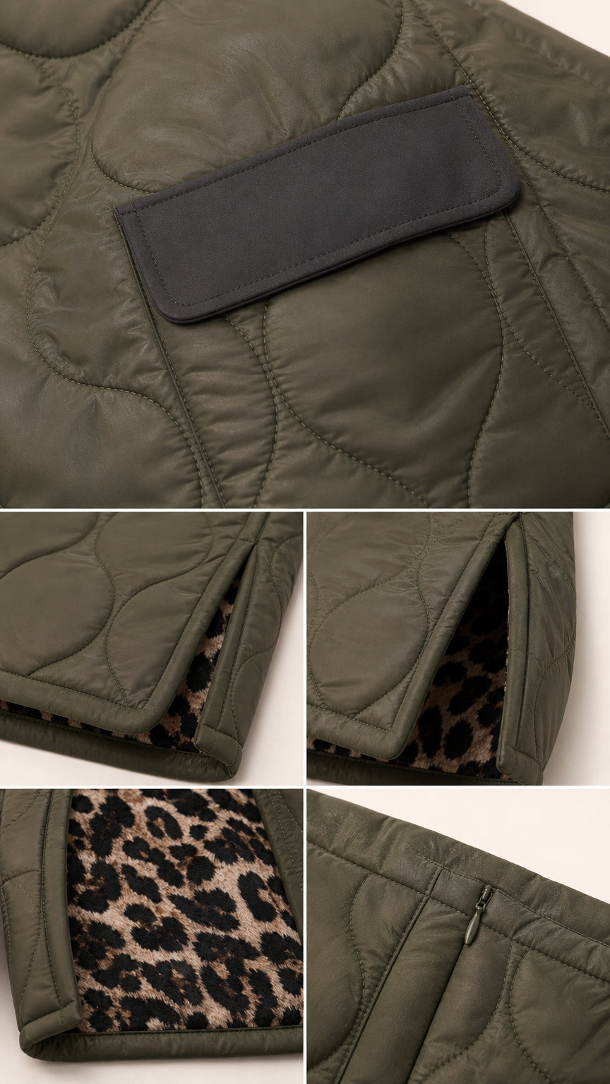 Close-up details of contrast flap pocket, side zipper, and leopard fleece lining