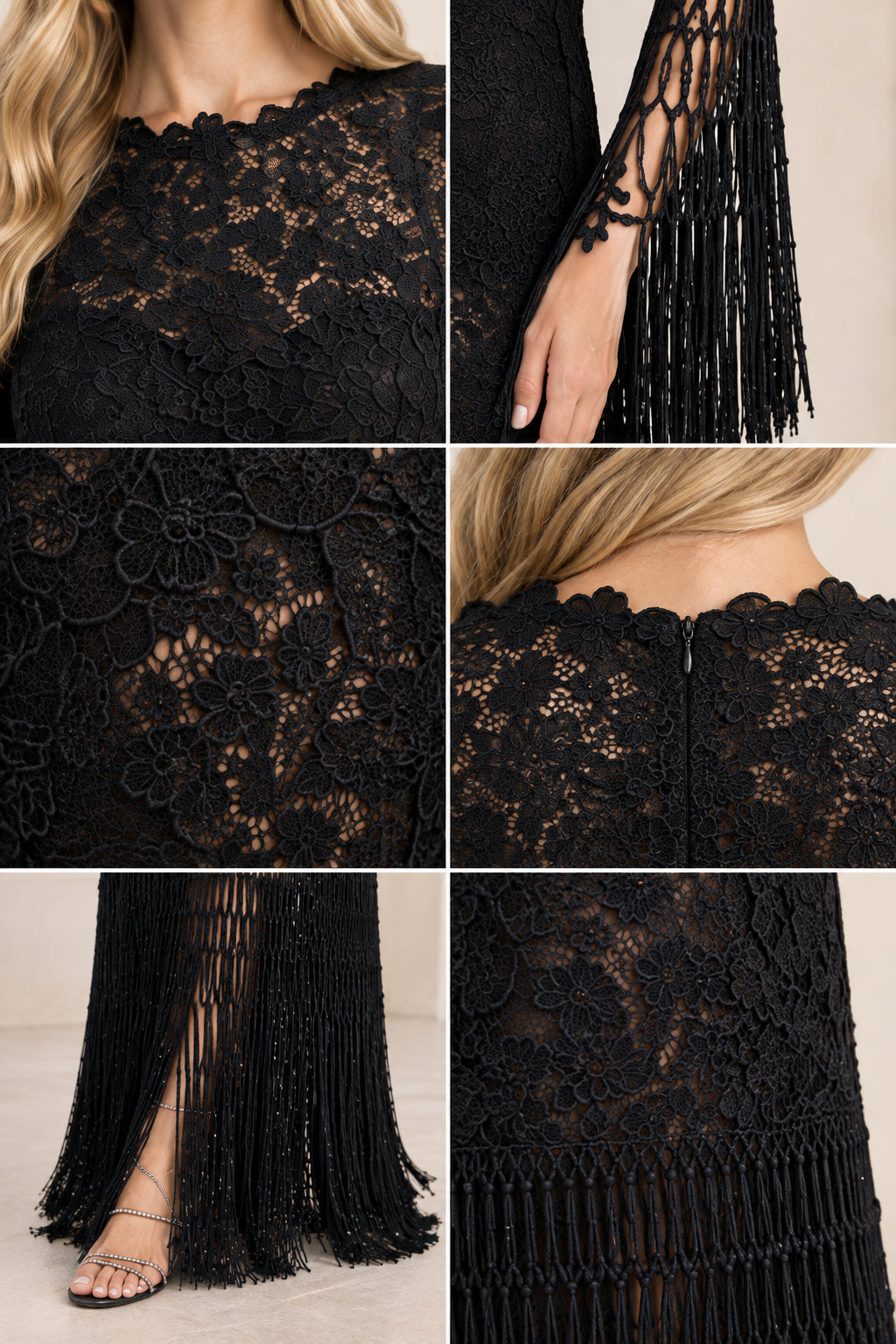 Close-up details of black lace fabric, scalloped neckline, and fringe sleeves
