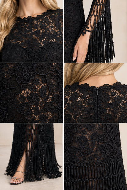 Close-up details of black lace fabric, scalloped neckline, and fringe sleeves