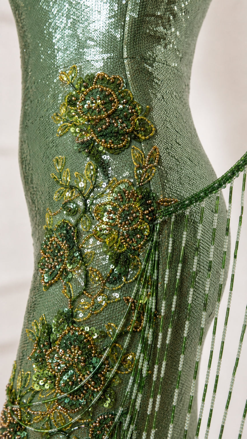 Close-up detail of green sequin fabric, 3D beaded floral embroidery, and hanging beaded strands