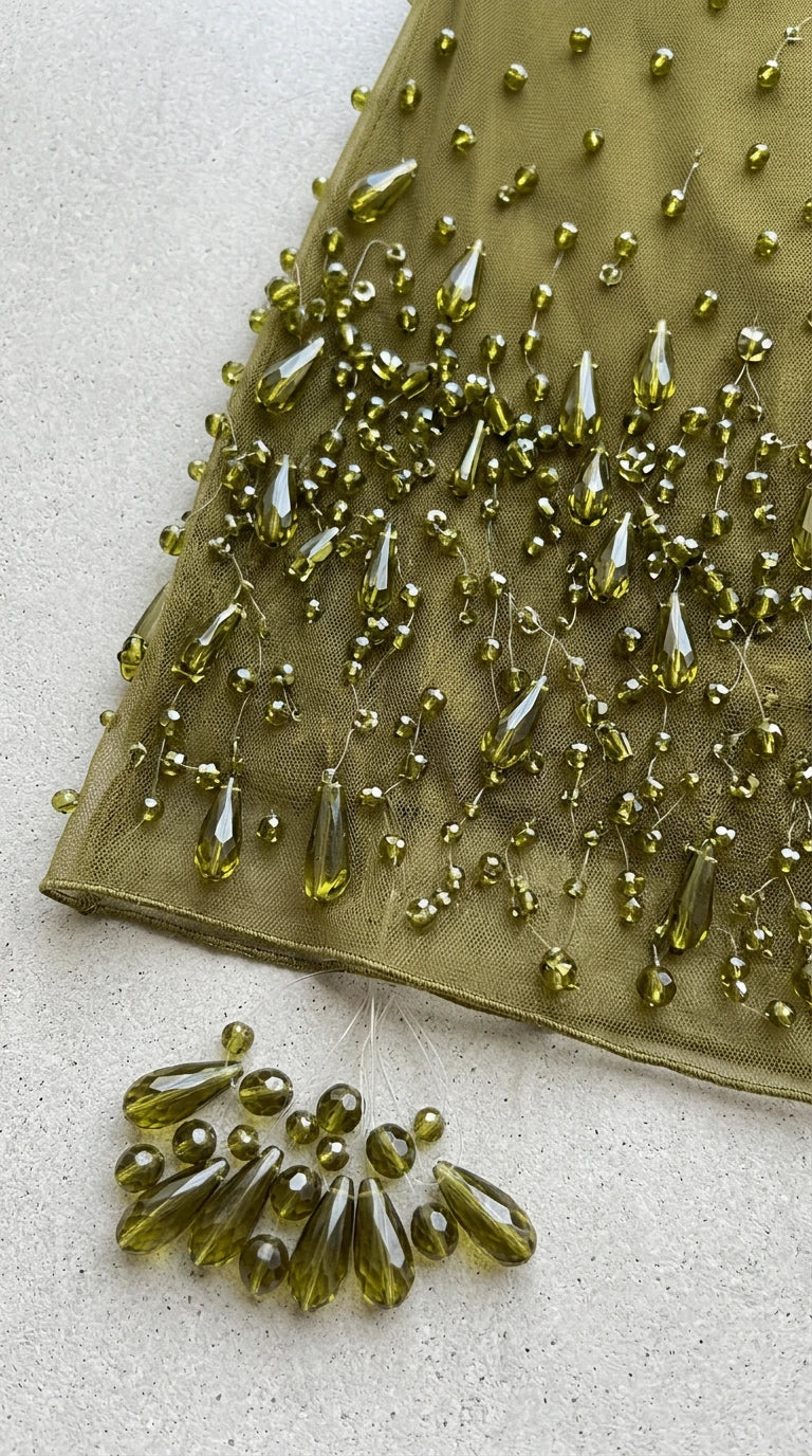 Close-up detail of green mesh fabric with faceted teardrop beadwork
