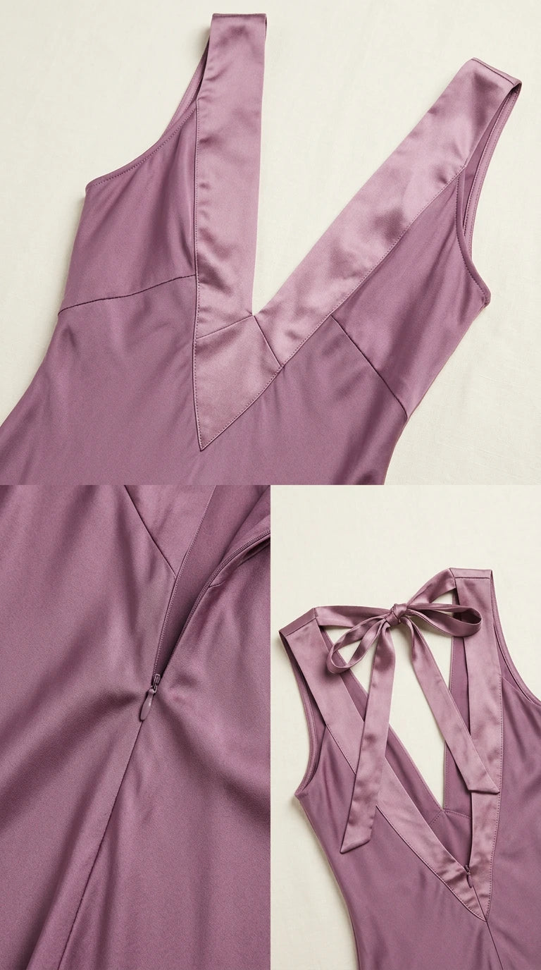 Close-up details of V-neckline, hidden zipper, and bow tie back
