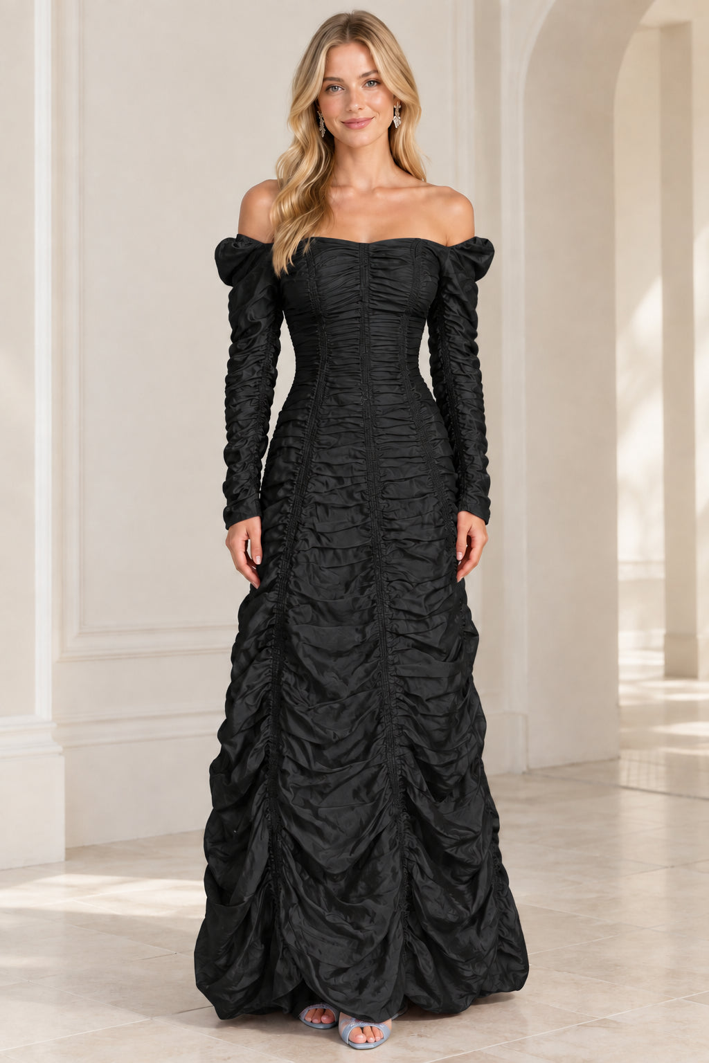 Front view of black off-the-shoulder ruched long sleeve formal maxi dress