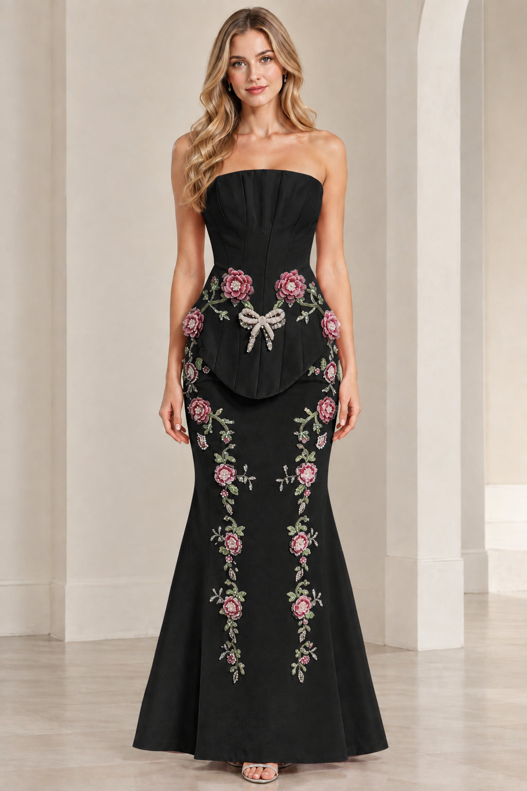Black strapless floral embroidered mermaid evening gown on model