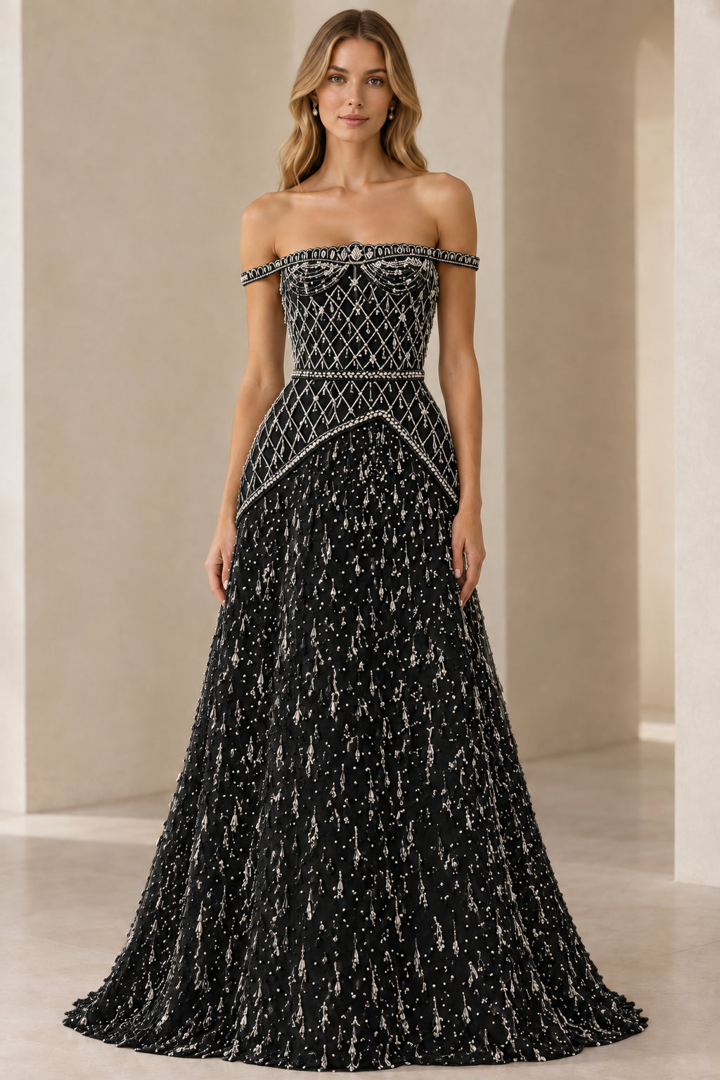 Black off-shoulder pearl lattice beaded formal evening gown