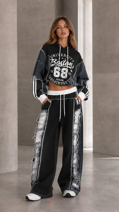 Black denim patchwork cropped hoodie and wide leg sweatpants set