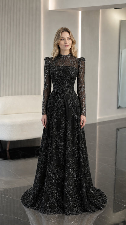 Black embroidered high neck long sleeve evening gown