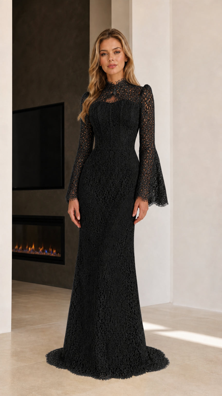 Black floral lace bell sleeve evening gown on model