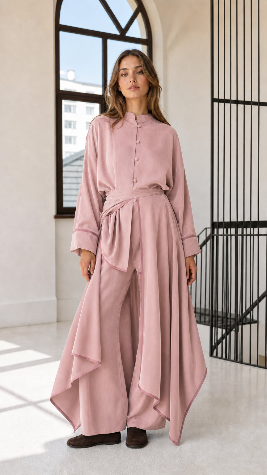 Front full-length view of woman wearing dusty pink draped tunic and matching trousers set