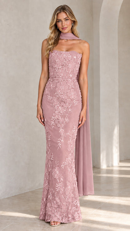 Full-length view of dusty pink floral embroidered strapless evening maxi dress