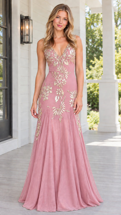 Dusty pink embroidered V-neck formal evening gown