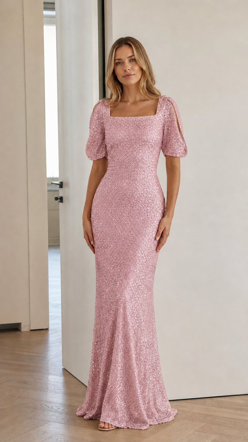 Blush pink sequin square neck mermaid maxi dress