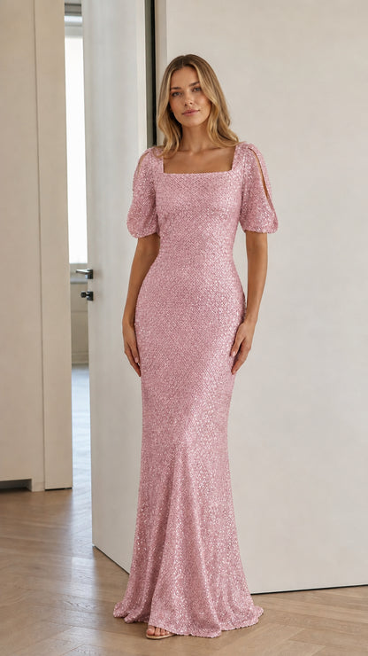 Blush pink sequin square neck mermaid maxi dress