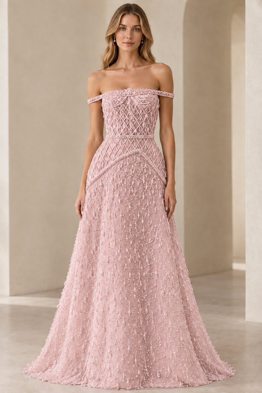 Blush pink off-shoulder beaded A-line evening dress