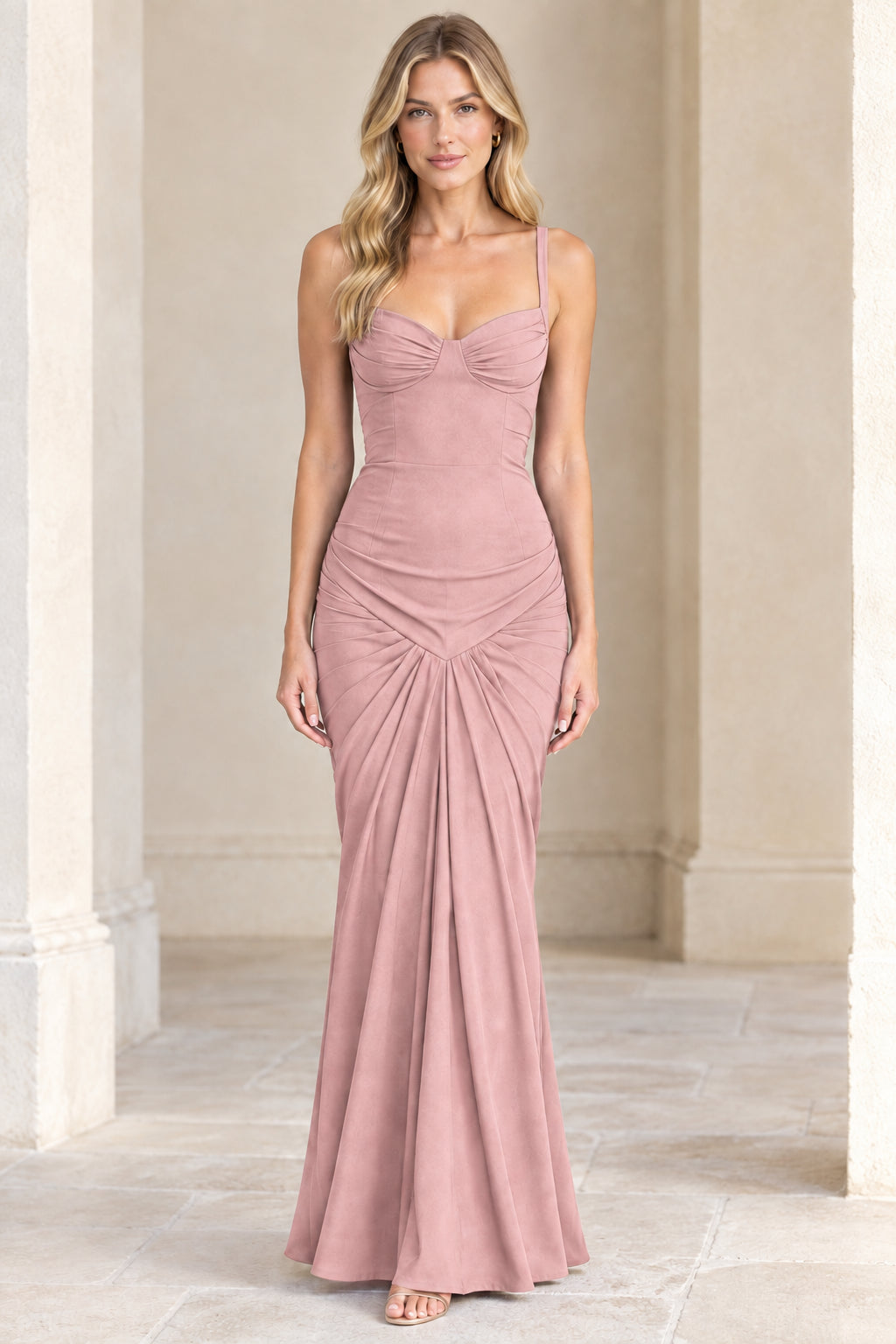 Front view of model wearing Dusty Rose sweetheart ruched mermaid maxi dress